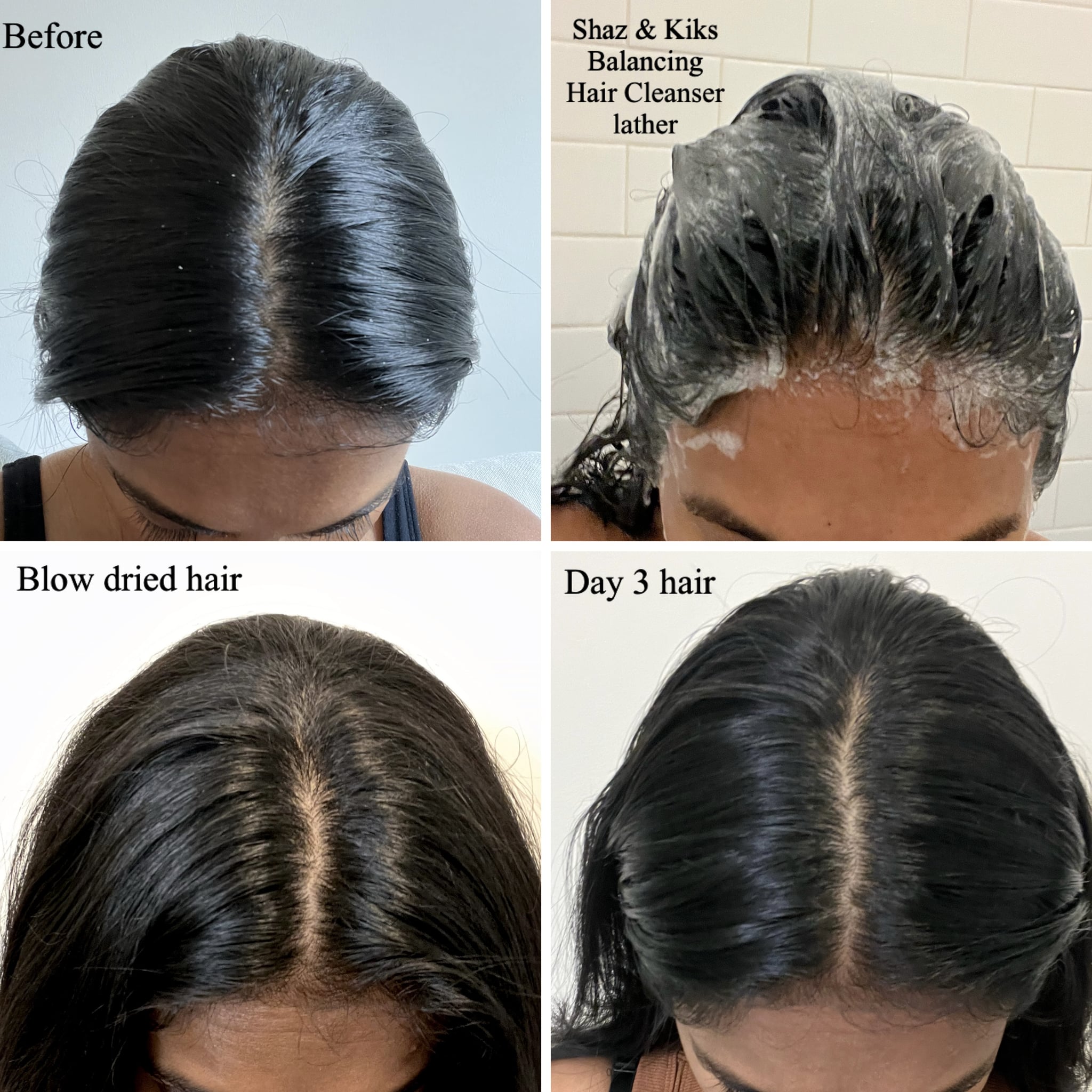 До, во время и после использования шампуня Shaz & Kiks Unearth Yourself Balancing Clay Hair Cleanser Shampoo.