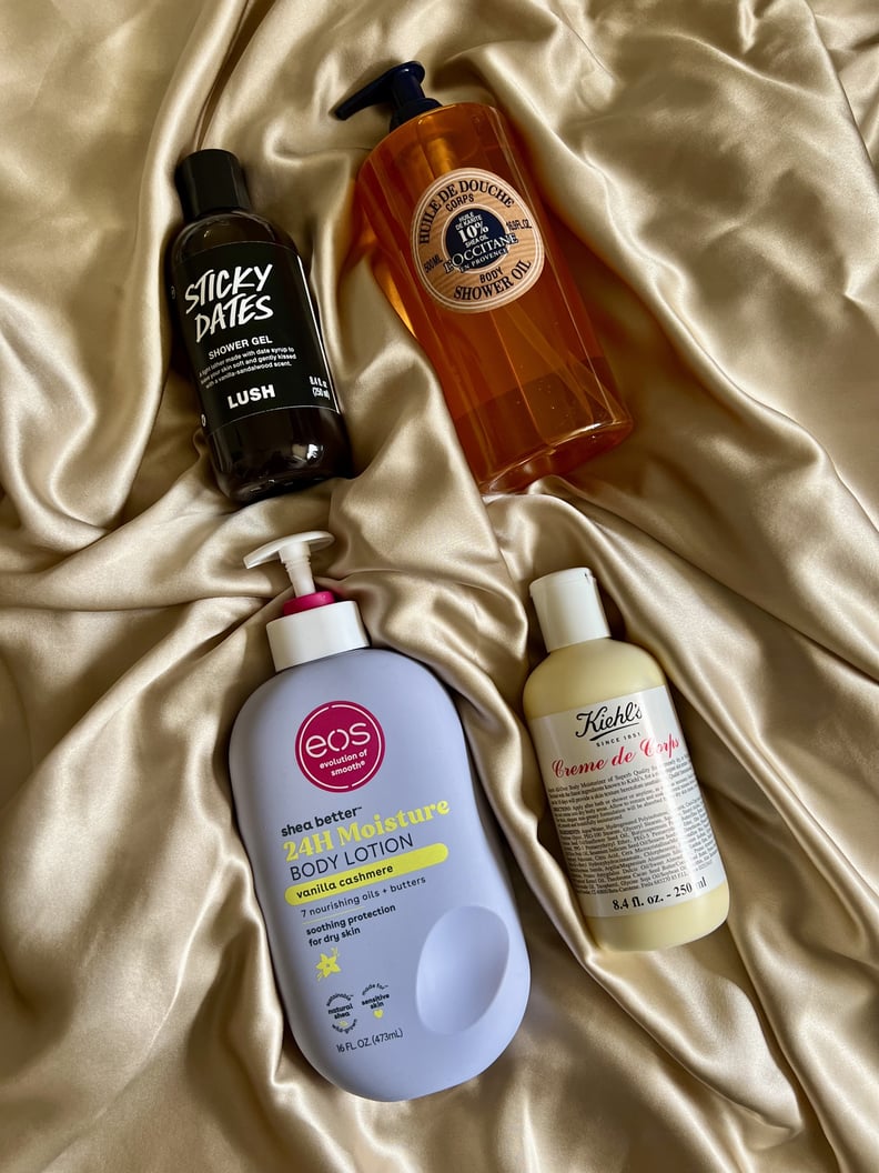 Гель для душа Lush Sticky Dates, масло для душа Shea от L'Occitane, лосьон для тела Creme de Corps от Kiehl и лосьон для тела Eos 24H Hydration в оттенке Vanilla Cashmere.