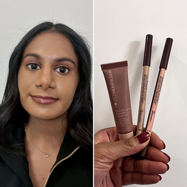 Женщина с цветными карандашами Make Up For Ever Artist в цветах Limitless Brown и Versatile Chestnut, а также с пептидным средством для губ Ole Henriksen Pout Preserve цвета Crème Brûlée.